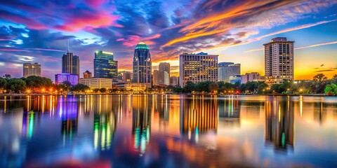 Orlando, Florida skyline at dusk with colorful city lights reflecting on the water