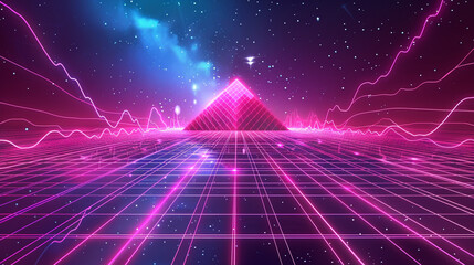 3d grid with glowing lines, retro wave background vector illustration. Digital landscape in the style of futuristic minimalism, dark pink and light cyan colors, space art, ambient lighting, stars, pyr