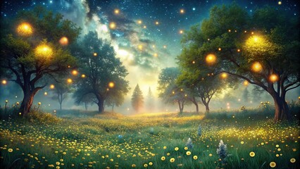 Enchanted field with glowing fireflies in a magical night landscape