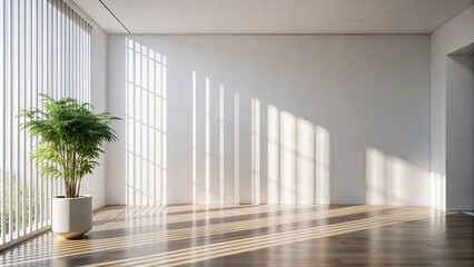Empty white wall with sunlight casting abstract shadows, creating a modern and cozy ambiance for interior decor