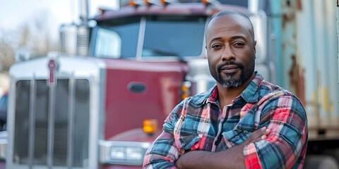 Proud Black truck driver standing next to large truck. Concept Truck driver, Proud, Black, Large truck, Standing