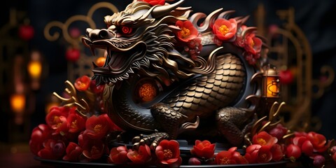 Fototapeta premium Chinese New Year 2024 with dragon zodiac sign lanterns red and gold. Concept Chinese New Year 2024, Dragon Zodiac Sign, Lantern Decorations, Red and Gold Theme