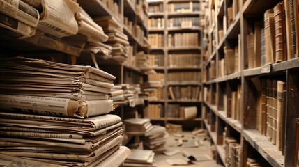 Obraz premium A forgotten library is filled with shelves lined with dusty volumes and stacks of vintage newspapers, their faded pages hinting at a wealth of untold stories and forgotten lore.