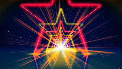 Flight movement through arcade of glowing neon tunnel, corridor, star. Abstract geometric...