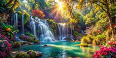 Enchanted waterfall cascading through a magical forest filled with vibrant flora and fauna