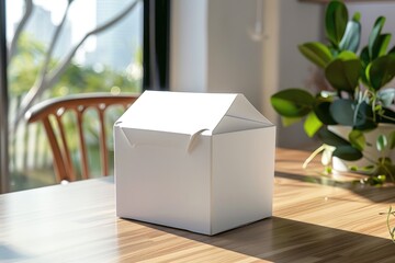 Mockup of a white paper food box placed on the dining table.