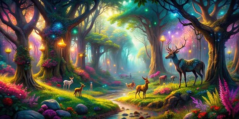 Enchanted forest with vibrant colors and magical creatures
