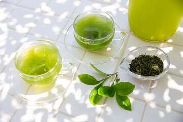夏の緑茶のイメージ、木陰で楽しむ冷茶