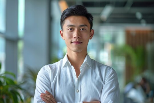 portrait of successful asia american young businessman consultant looking at camera and smiling.