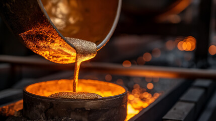 Molten metal being poured from a crucible into a mold in an industrial setting, glowing brightly and highlighting the intense heat and manufacturing process. - Powered by Adobe