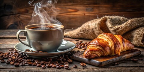 An inviting scene of a steamy morning refreshment with aromatic roasted coffee and a freshly baked croissant on a rustic table