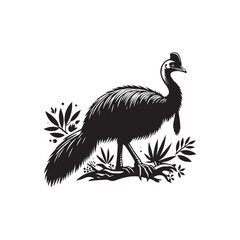 Cassowary Vector Silhouette: Black Vector Silhouette of a Cassowary, Symbolizing Strength and Majesty in Nature- Cassowary Illustration.