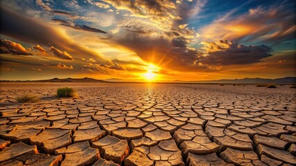 Arid desert landscape at sunset with cracked earth