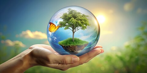 Hand holding glass globe ball with tree growing. Eco concept. World environment day