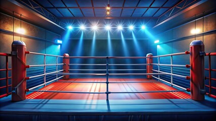 Digital painting of a boxing ring with red and blue corners, ropes, and gloves
