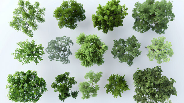 set of Laburnum anagyroides,Rhus typhina,Quercus robur Concordia trees rendered from the top view