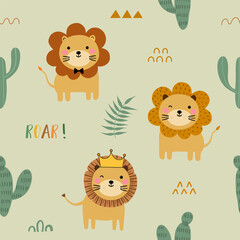 Seamless pattern with cute little lion, cactus and green leaves tropical for your fabric, children textile, nursery decoration, gift wrap paper, kids bedding, baby's shirt. Vector illustration