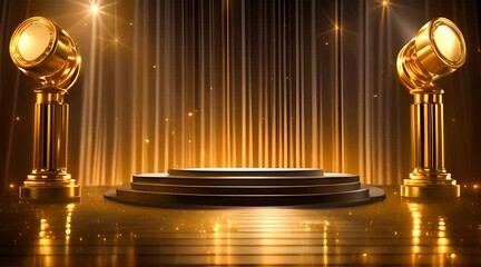 A golden podium illuminated with twinkling lights, creating an impressive setting for the awards ceremony. Its elegant design exudes prestige