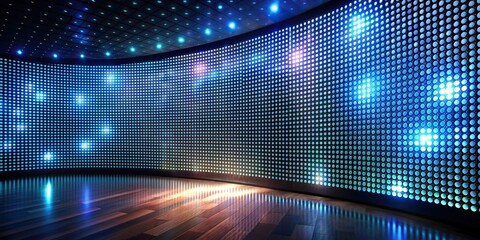 Curved cinema glittering diode pixel technology modern backdrop with light panel concave monitor digital texture