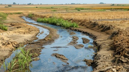 Water Scarcity and Agriculture: Illustrate water scarcity and agricultural impacts of climate change, with dried-up rivers, wilted crops, and farmers facing crop failures.