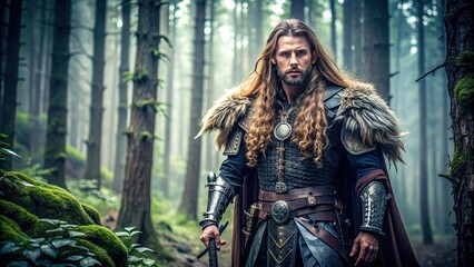 A mysterious long-haired warrior in epic fantasy attire standing in a mystical forest