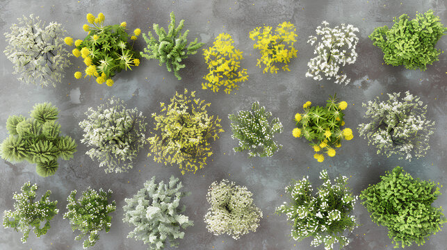 set of Laburnum anagyroides,Rhus typhina,Quercus robur Concordia trees rendered from the top view