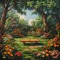 Artistic view of cornhole board in a lush garden, flowers in bloom, vibrant colors, a serene and fun setting