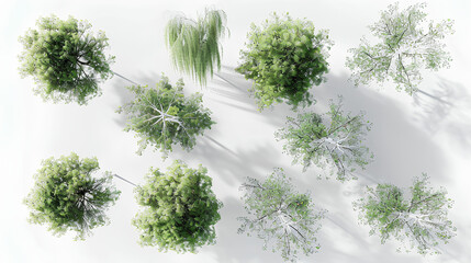 set of Young's weeping birch,Olive trees rendered from the top view