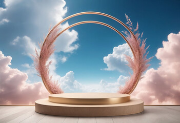 Natural beauty podium backdrop for product display with dreamy sky background. Romantic 3d scene