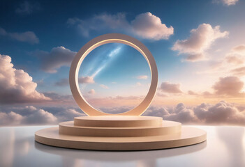 Natural beauty podium backdrop for product display with dreamy sky background. Romantic 3d scene