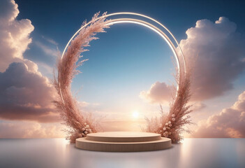 Natural beauty podium backdrop for product display with dreamy sky background. Romantic 3d scene