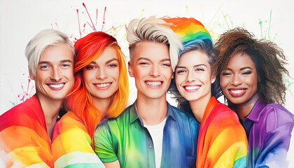 Fototapeta premium Five happy LGTBI people group with different genders, races and hairstyles in colorful watercolor and graphic illustration style. Vibrant vivid multicolor rainbow art for celebrate pride festival. 