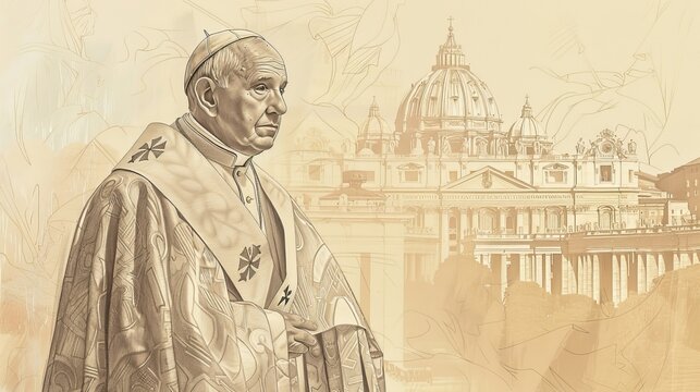 St. Pius X in Papal Robes at 20th-Century Vatican, Biblical Illustration, Beige Background, Copyspace