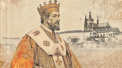 Fototapeta premium St. Wenceslaus I in Royal Robes in 10th-Century Czech Court, Biblical Illustration, Beige Background, Copyspace