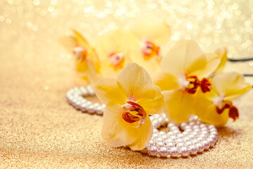 yellow Orchid and pearl necklace on a shiny gold background