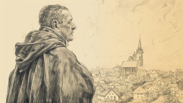 St. Norbert of Xanten in Reflection in 12th-Century German Village, Biblical Illustration, Beige Background, Copyspace