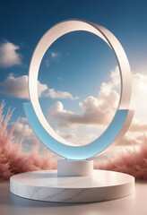 Natural beauty podium backdrop for product display with dreamy sky background. Romantic 3d scene