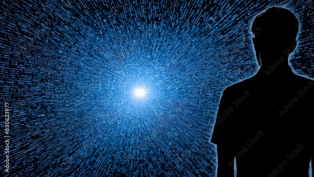 Poster silhouette of person standing amidst glowing blue digital data streams. represents technology, cyber
