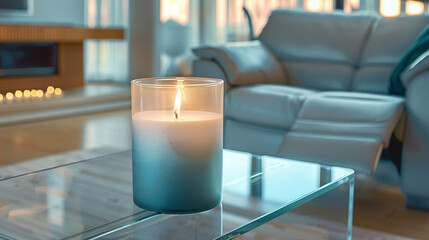 Modern glass candle with a gradient tint on a glass bench, set against a comfortable recliner sofa...