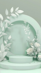 Elegant Mint Green Floral Product Display Stand with Abstract Background