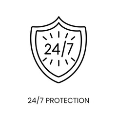 24 on 7 protection line vector icon for packaging on cctv camera with editable stroke