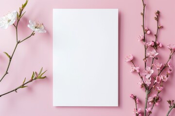 Obraz premium Wedding invitation mockup, blank paper invitation card. Delicate flowers framing a blank white card on a pastel pastel background