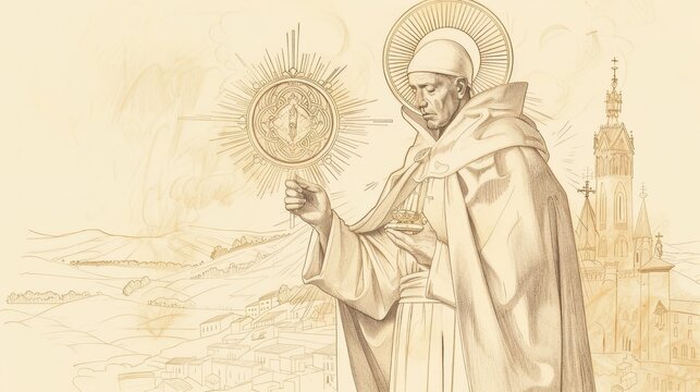 St. Norbert Holding Monstrance in Medieval Abbey, Biblical Illustration, Beige Background, Copyspace