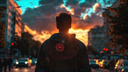 Obraz premium Urban Sunset Stroll - Casual Attire Against Cityscape and Skyline
