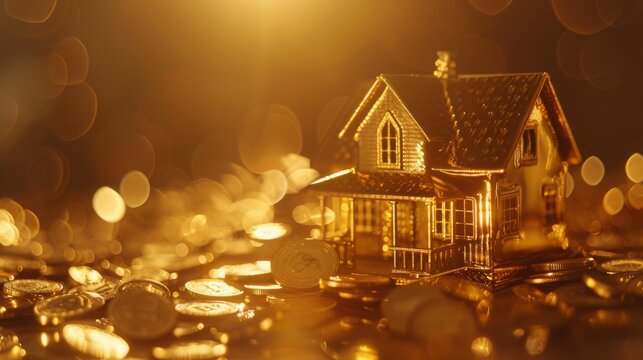 Gold Model House and Coins on Golden Background with Bright Studio Lighting, Luxurious Financial and Real Estate Concept in Unique and One-of-a-Kind Style