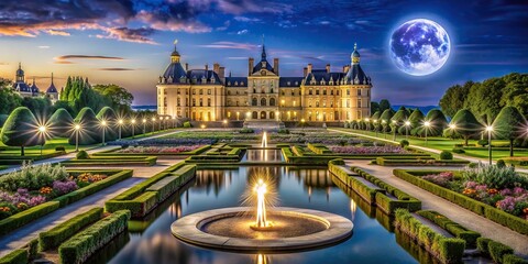Grand castle at night with gardens, fountains, and full moon