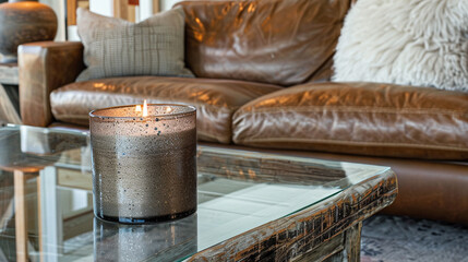 Modern glass candle with a metallic finish on a glass bench, set against a rustic leather sofa in a cozy living space