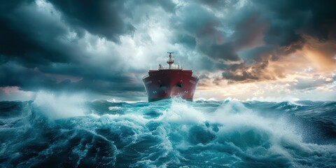 A dramatic photo of a container cargo freight ship braving stormy seas, emphasizing the resilience and strength of maritime transportation.