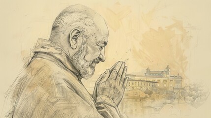 Fototapeta premium St. Pio of Pietrelcina in Prayer in 20th-Century Italian Monastery, Biblical Illustration, Beige Background, Copyspace