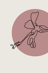 Abstract minimalist card with one continuous line bloom. Neutral earthy floral poster with black linear flower and geometric shapes.